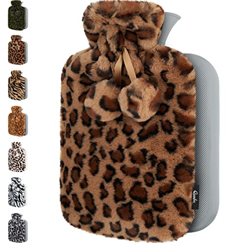 Qomfor Hot Water Bottle with Fluffy Cover - Soft Premium Faux Fur Cover - 1.8L Large Capacity - Hot Water Bag for Cosy Nights, Pain Relief, Back, Neck...