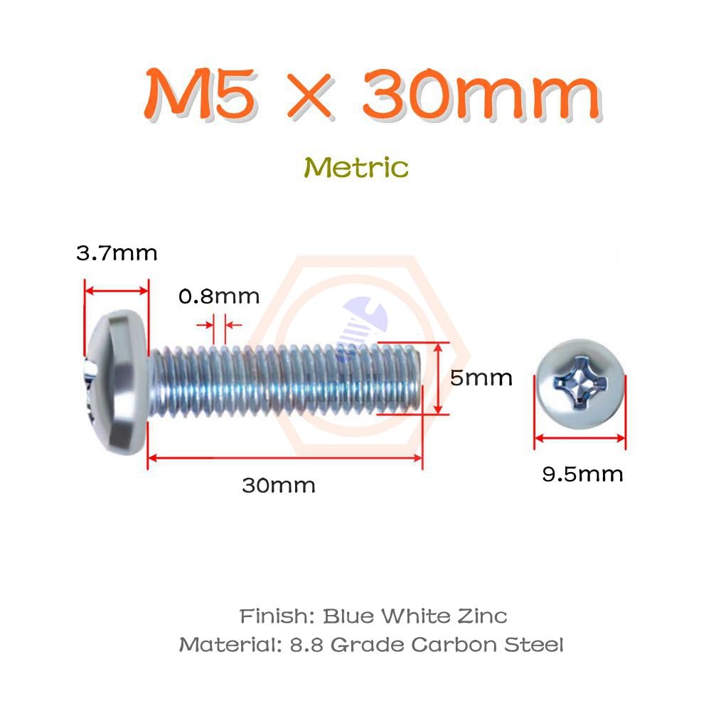 Viti bulloni, viti a testa cilindrica conica in acciaio al carbonio medio di grado 8.8, zincate blu e bianche,(M5x30mm 200pcs)