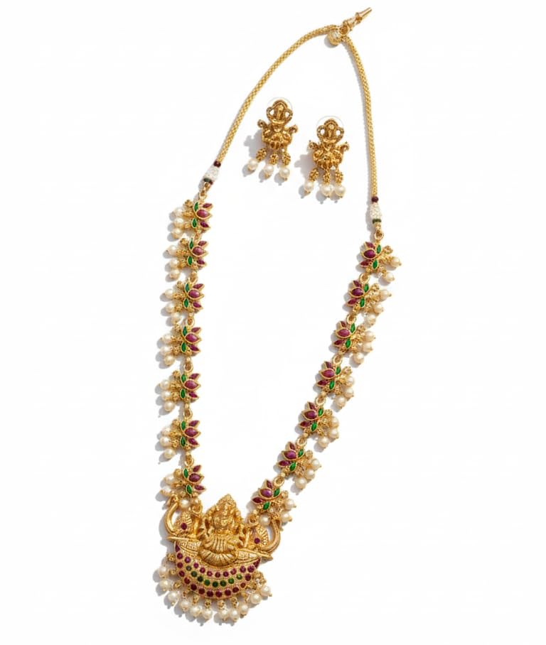 diksha collection Traditional Gold-Plated Temple Jewelry Set for Women | Goddess Lakshmi Pendant Long Haram Necklace with Matching Jhumka Earrings | Antique Matte Finish Jewelry with Ruby, Emerald & Pearl Accents | Ethnic Wedding Jewelry Set-picture-17