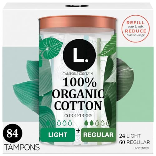 L. Cotton Tampons Light/Regular Absorbency Multipack, Contains an Organic Cotton Core, Made Without Synthetic Pesticides, or Fragrances, 84 Count