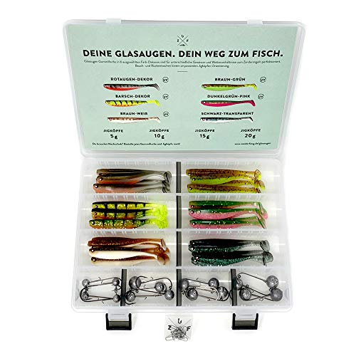 Foto von Zanderfang - Gummifisch Box Gummifische mit Jigkopf zum Zanderangeln mit Gummifisch - 30 Zander Gummifische in 6 Farben in 9,5 cm - 16 Jigköpfe Größe 2/0: 5-20 Gramm + 10 Einhänger (Snaps)