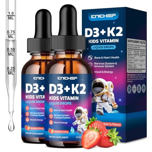 Image of 2PCS Vitamin D3 K2 Drops for Kids - Liquid Supplement with Magnesium for Calcium Absorption, Teeth & Heart - Non-GMO, Vegan, Strawberry, 4 Fl Oz - Kids Ages 4+