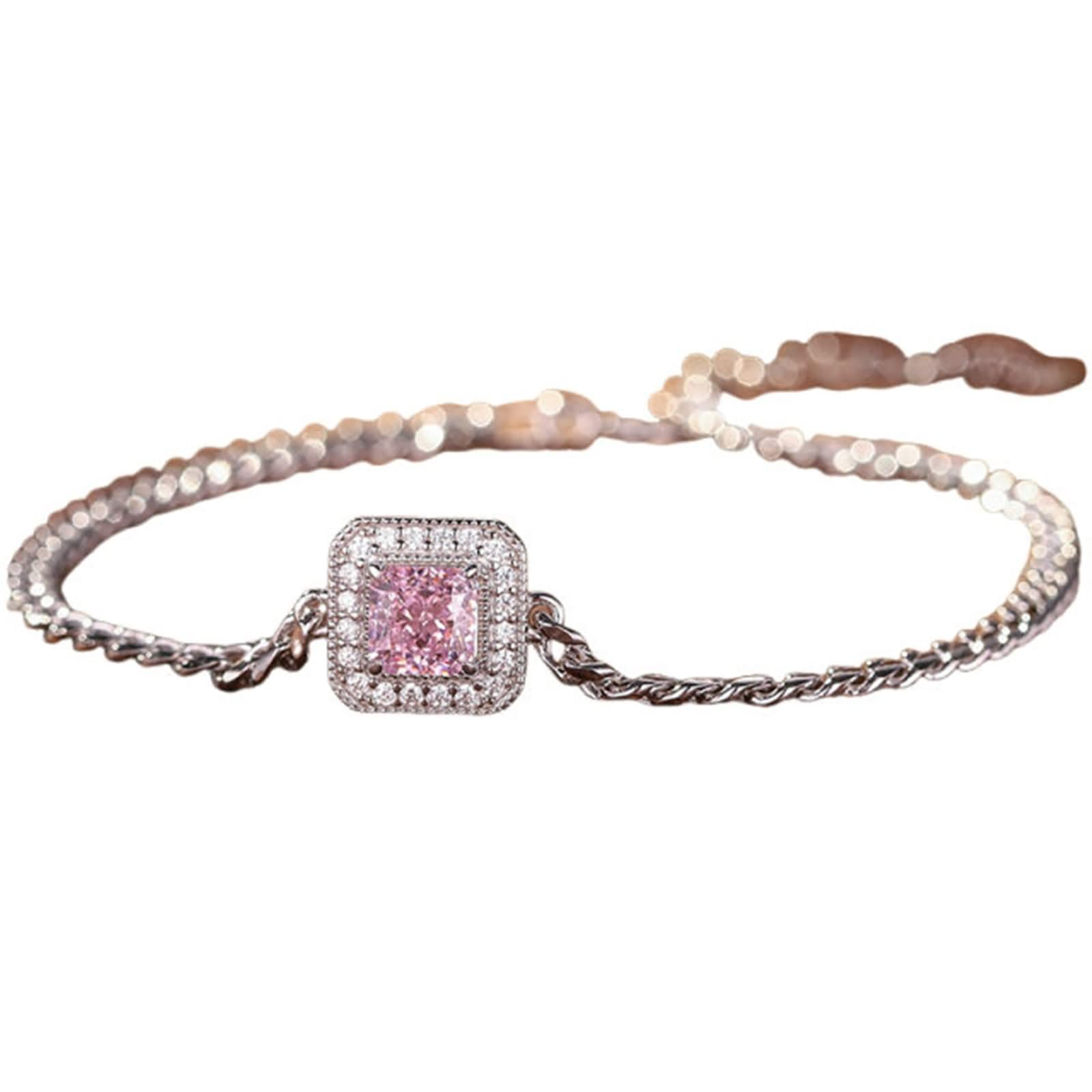 Pulseras de Mujer Oro Blanco 9K / 14K / 18K, Cuadrado con Diamante Creado de 0,5 ct y Moissanita, Cadena Extensible 16 CM + 5 CM, Pulsera de Ajustable Mujer Plata Rosa