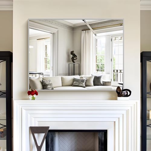 Image of COFENY 30x40In Silver Bathroom Mirror for Wall, Brushed Nickel Rectangle Mirrors with Metal Frame, Bathroom Rectangular Mirror Modern Wall Mirror for Bedroom Living Room, Hangs Horizontal or Vertical