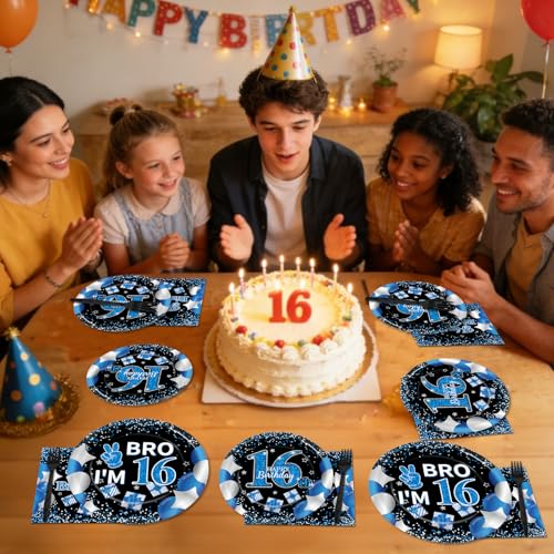 Image of Qyeahkj 100 Pcs 16th Birthday Decorations for Boys Official Teen Supplies Plate Napkin Forks Set Disposable Blue 16th Birthday Tableware Paper Plates Dinnerware for Kids Teenager Favors Serve 25