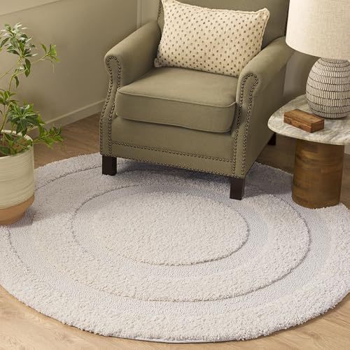 Image of SAFAVIEH Florida Shag Collection Area Rug - 4' Round, Creme & Creme, Border Design, Non-Shedding & Easy Care, 1.2-inch Thick Ideal for High Traffic Areas in Living Room, Bedroom (SG454-1111)