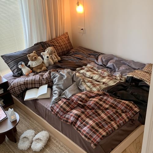 Image of Nayoroom Plaid Duvet Cover Queen Size Vintage Brown Patchwork Checkered Duvet Cover Dorm Bedding Set 3 Pieces Soft Lightweight Washed Microfiber Farmhouse Bedding Set Gifts for Women Men