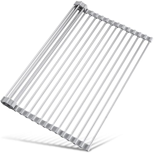Tomorotec Roll Up Dish Drying Rack, Foldable Stainless Steel Drainer Over Sink, Multipurpose Sink Cover Kitchen Sink Accessories Gadget Organizer 45x40cm (Grey) Tomorotec Roll Up Dish Drying Rack, Foldable Stainless Steel Drainer Over Sink, Multipurpose Sink Cover Kitchen Sink Accessories Gadget Organizer 45x40cm (Grey)