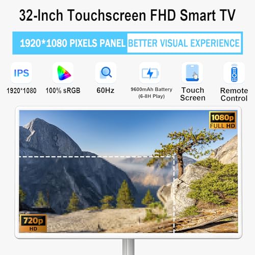 Image of 32 inch FHD Smart Portable TV, Rolling TV on Wheels, Android 15 OS, 6G +128GB Storage, Portable Touch Screen Monitor, 8MP Camera, Built-in Battery, Full Swivel Rotation, Voice Remote