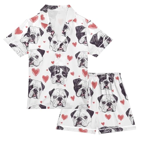 Bulldog Love Heart Pattern Summer Satin Pajama Set, Cute Button-Down Sleepwear Pj Set for Sleep Wears
