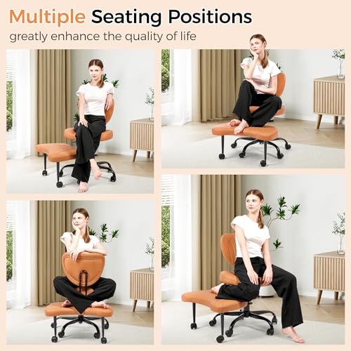 Image of Cross Legged Office Chair, Ergonomic Criss Cross Chair with Wheels, 360 Swivel Height-Adjustable Meditation Chair for Yoga & ADHD, Wide Kneeling Chair with Strong Lumbar Support (Brown) BPY01Z