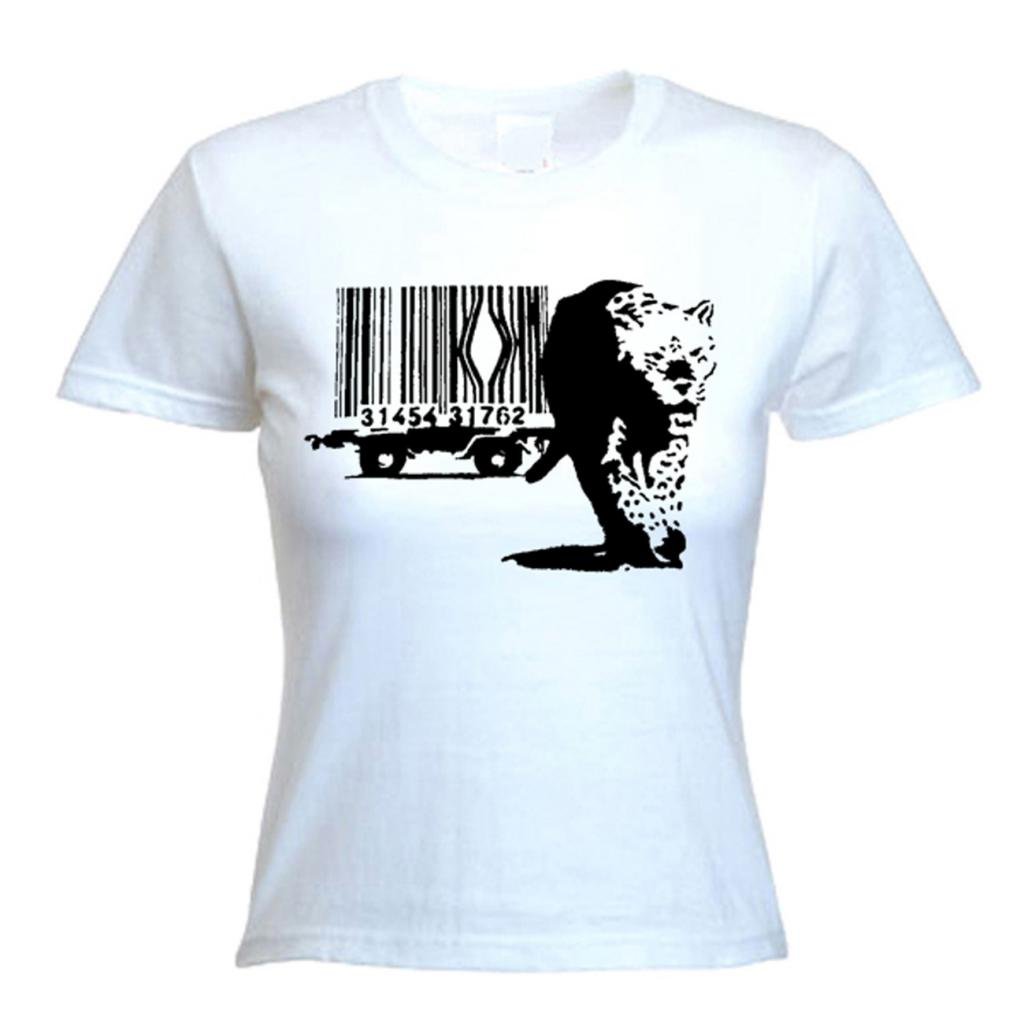 Tribal T-Shirts Women's White Banksy Barcode Leopard T-Shirt (Medium, )