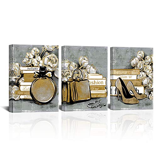 LoveHouse Fashion Canvas Wall Art Women High Heel Bag Perfume with Flower Painting Picture Prints on Canvas Vogue Modern Dressing Room Home Cloakroom Decor Ladies Room Beauty Salon 12x12inchx4pcs