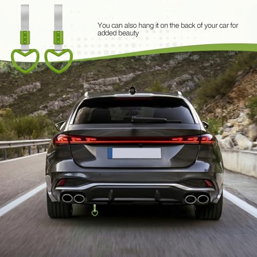 Image of 2PCS Heart Shaped Car Handle Straps, Rear Bumper Warning Keychain Ring for Car Exterior Accessories (Green-Silver)