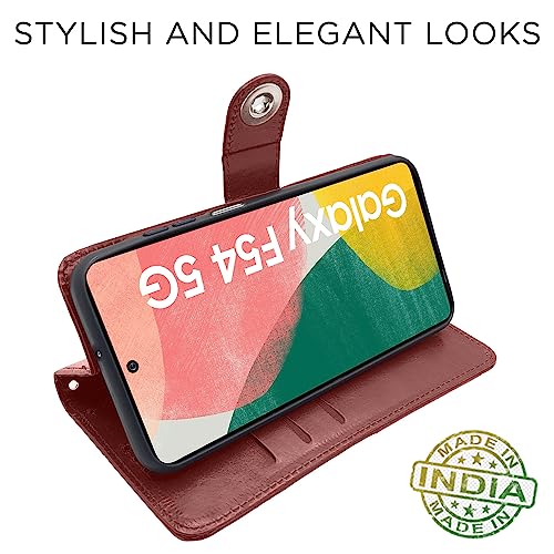 Image of Pikkme Samsung Galaxy F54 / M54 5G Flip Cover Leather Finish | Inside TPU with Card Pockets | Wallet Stand and Shock Proof | Complete Protection Button Flip Case (Brown)