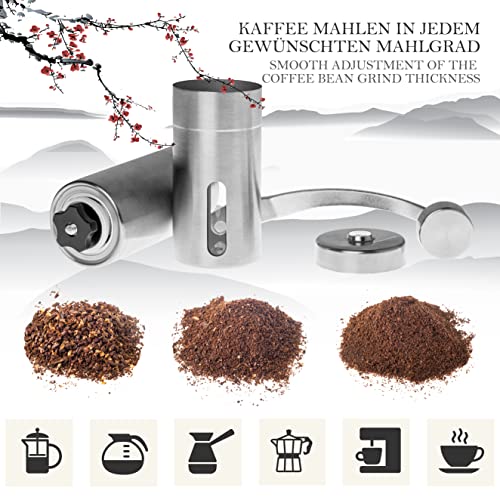 SHOKUJI Manuelle Edelstahl-Kaffeemühle - Grinder/Handmühle mit stufenlos verstellbarem Keramik-Mahlwerk, viel Zubehör… – Bild 5