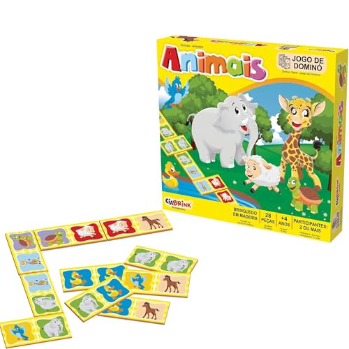 Ciabrink Jogo de Dominó Animais, 28 Peças em Madeira, para Crianças +4 Anos, 2 ou Mais Participantes