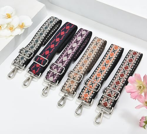 Image of Crossbody Straps for Purses Silver Hardware Purse Strap Wide Shoulder Strap Adjustable Replacement,Retro Jacquard Embroidery for Shoulder Bags, Canvas Tote Handbags