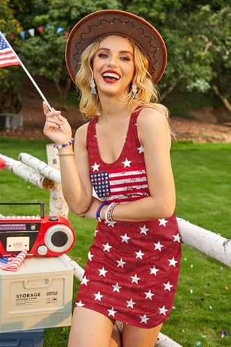 Image of For G and PL Women 4th of July American Flag Tank Dress Deep V Neck Stars Stripe Mini Patriotic Sleeveless Sundress
