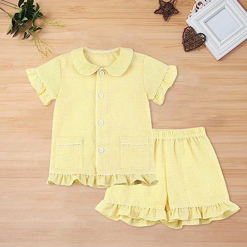 Toddler Girls Summer Ruffle 𝗣a𝗷amas 𝗟oungewear Short Sleeve Lapel Neck Ruffle Edge Striped Clothes with Pockets3
