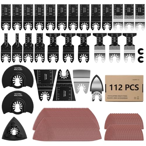 AVID POWER 112Pcs Oscillating Saw Blades Quick Release Oscillating Multitool Blades with Sandpapers Universal Oscillating Tool Accessories for Cutting Metal/Wood/Plastic, Compatible with Most Brands
