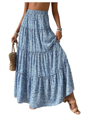 Verdusa Women's Boho Floral Tiered Maxi Skirts A Line High Rise Flowy Skirt