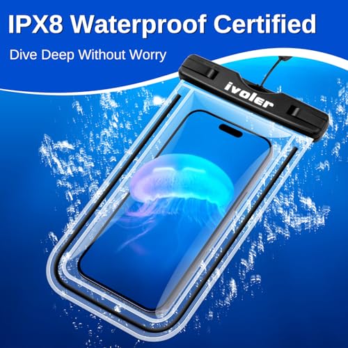 Image of ivoler 2-Pack Waterproof Phone Pouch, Cell Phone Dry Bag for iPhone 17 /16 /15 Pro Max, Samsung S26 /S25 Ultra, Waterproof Phone Case for Beach, Cruise Essentials & Travel, [Fit Up to 7''], Black+Black