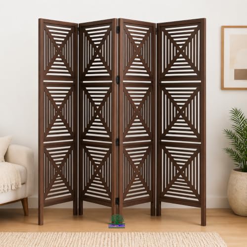 Image of Wooden Room Divider Partition for Living Room | Foldable 4 Panel Decorative Privacy Screen Separator for Home, Office & Bedroom | Modern (Chocolate Brown)