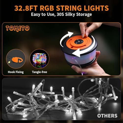 TOHETO Camping String Lights, 3 in 1 Upgraded Retractable RGB Outdoor String Lights with 19 Lighting Modes,Quick 30s Recovery, 32.8 FT Portable Tent Lights, Rechargeable Camping Lantern (Black&Orange) - Thumbnail 5