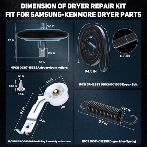 DV45H7000EW A2 DV42H5000EW A3 Parts Replacement for Samsung Dryer Roller Replacement Kit DC97-16782A Dryer Belt 6602-001655 Idler Pulley DC93-00634A Tension Spring DV42H5200EW A3 DV48H7400EW LUXRILIX