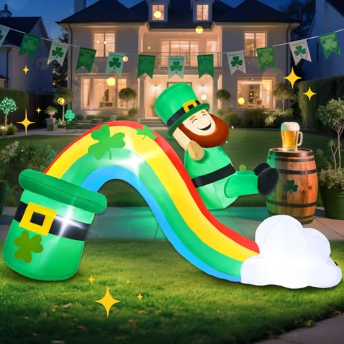 7 FT Long St Patricks Day Inflatable Outdoor Decorations Blow Up St. Patricks Day Leprechaun Sliding Down Rainbow Yard Decor Built-in LED Lights Patrick Holiday Decoration for Outside Lawn Garden