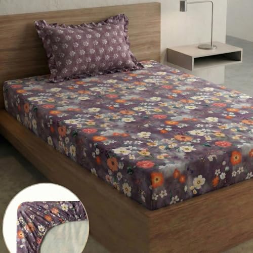Image of Home Sizzler 210TC Plum Voilet Botanical Print Elastic Fitted Single Bedsheet (72X36 Inch) with 1 Pillow Cover
