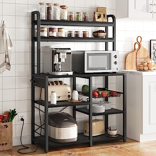 IDEALHOUSE Bakers Rack with Power Outlet, Coffee Bar with Wire Drawer, Industrial Microwave Stand,...