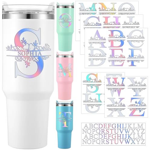 Janlaugh 10 Sheets Waterproof Split Letter Stickers Personalized Name Stickers for 30 40 oz Tumbler Water Bottle Floral Monogram UV DTF Cup Wraps Alphabet Letter Decals for Glass Cup Laptop(Laser)