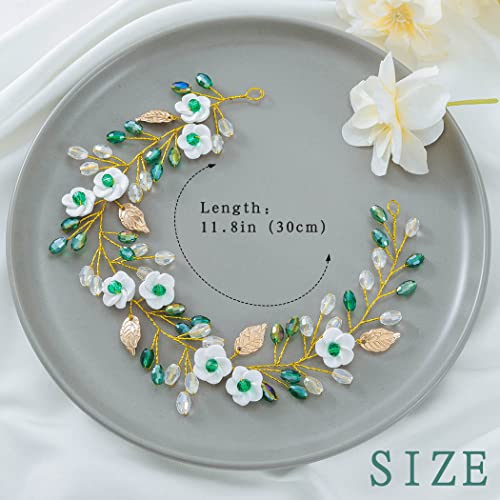 IYOU Crystal Wedding Hair Vines Green Flower Bride Headband Rhinestone Leaf Bridal Hair Accessories for Women - Image 4