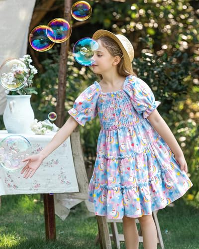 LQSZ Girls Summer Smocked Dress Short Sleeve Ruffle Dresses Casaul Printed A-line Sundress for Toddler 3-12 Years2