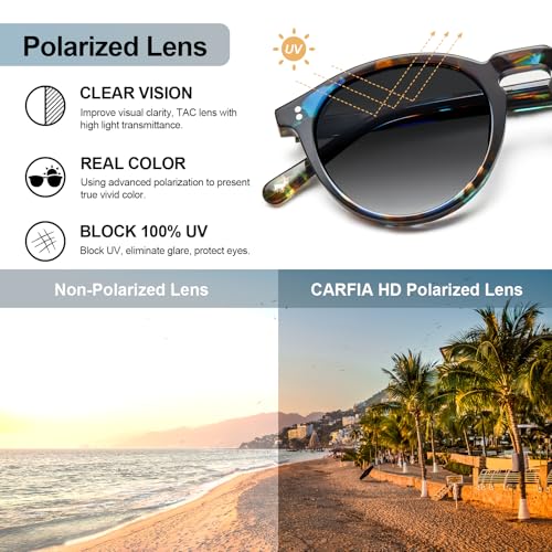 CARFIA Round Polarized Sunglasses for Women UV Protection Acetate Frame Classic Retro Style CA23024