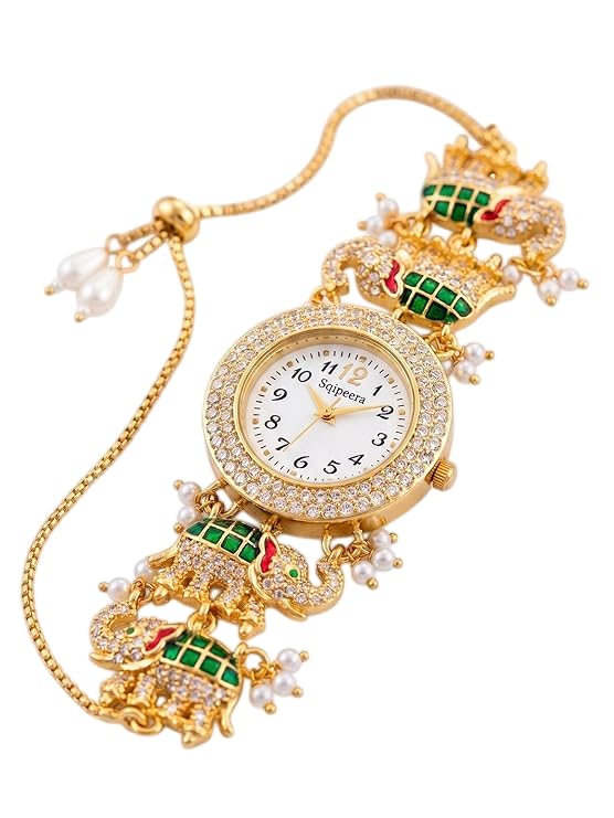 Image of Kashmiri Watch for Women | Gold Tone Round Dial | Crystal Studded Floral Design | Adjustable Chain Traditional Ethnic Jewellery Gift