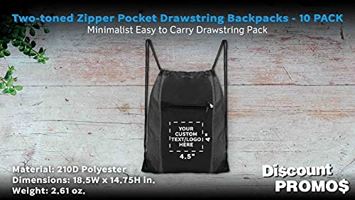 DISCOUNT PROMOS 10 Zipper Pocket Drawstring Backpacks Set - Customizable Text, Logo - Polyester, Front Mesh, Black Strap - Grey - Thumbnail 4