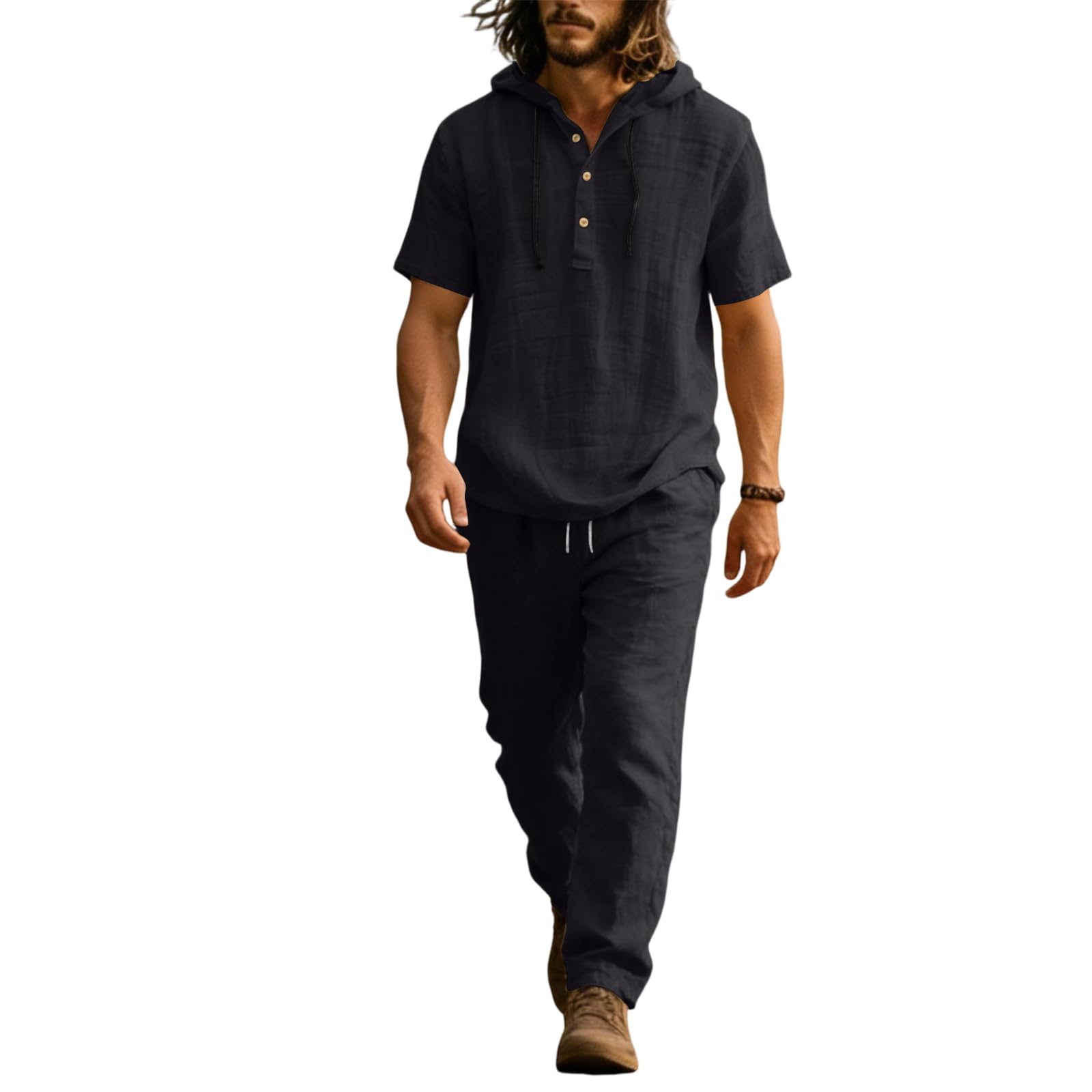 Ensemble Lin Homme Couleur Pure Chemise Manche Courte avec Capuche Et Pantalon Vetement Homme Ensemble Souple Stretch Basique 2 Pièce Vacances Voyage Plage