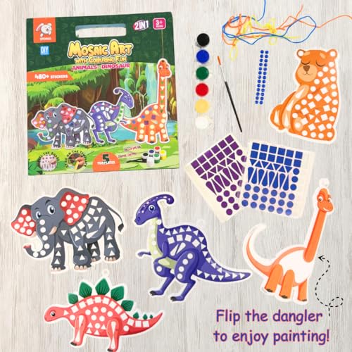 Image of Storio Mosaic Art & Craft Kit for Kids with Colouring Fun | Mirror Mosaic DIY Set with Animals & Dinosaurs Theme | Creative Craft Activity for Girls Age 4-8 | Mess-Free, Fun & Educational Gift