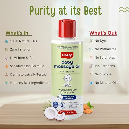 Image of LuvLap Baby Massage Oil with Almond, Virgin Coconut Oil & Vitamin E, Deep Nourishing, Skin Repair & Relaxation, Ayurvedic Non-Sticky Oil for Soft New Born Skin, 100% Natural, Derma Safe, 200ml