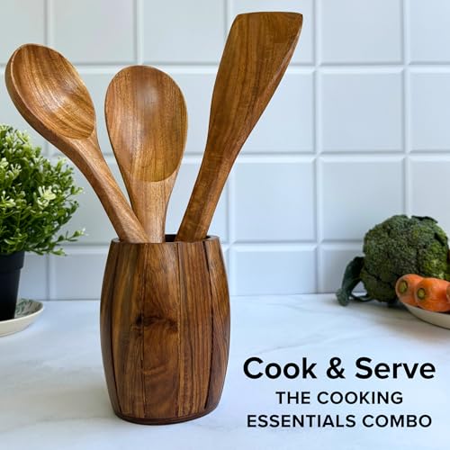 Image of FiABLE Pure Neem Wood Spatula Set for Cooking, Baking and Mixing - No Harmful Polish, Naturally Antimicrobial and Non-Stick - Turner, Spoon, Serving Spoon - Set of 3