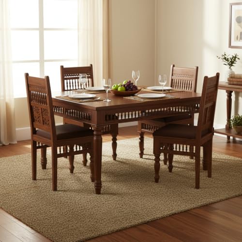 Image of APRODZ Solid Sheesham Wood Dining Table Set of 4 Seater Dinner Dinning Table with 4 Chair for Dining Furniture for Living Room Home Hotel Office Self Assembly (Honey Finish)