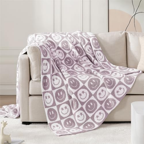 WRENSONGE Checkered Throw Blanket Lilac Smiling Face Soft Cozy Fluffy Warm Hand Made Throw Blankets for Couch, Sofa, Chair, Bed, Camping, Picnic, Travel Lightweight Bed Blanket - 50"*60"