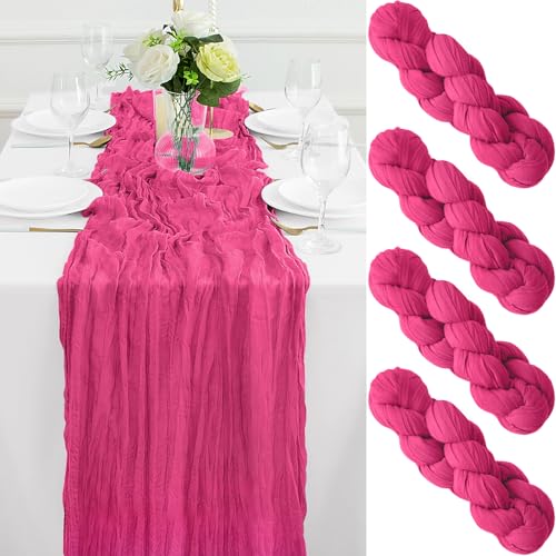Lot de 4 chemins de table en étamine, rose vif, 3 m x 304 cm de long, en gaze de style bohème, pour décoration de mariage, fête prénatale, fête...