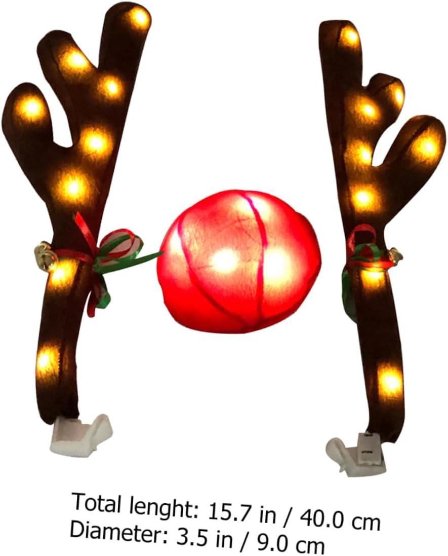 ERINGOGO 2 Sets Christmas Car Kit Led Antlers Reindeer Horns for Car with Light up Nose Easy Install Car Accessories