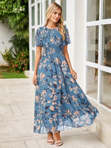 Image of Simplee Womens Casual Floral Summer Maxi Dress 2026 Boho Flowy Short Sleeve Crew Neck Vacation Smocked Chiffon Dresses