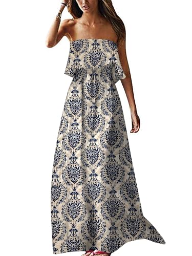 Image of ZMPSIISA Women's Summer Off The Shoulder Maxi Dress Ruffle Strapless Blue White Porcelain Boho Casual Loose Long Dresses