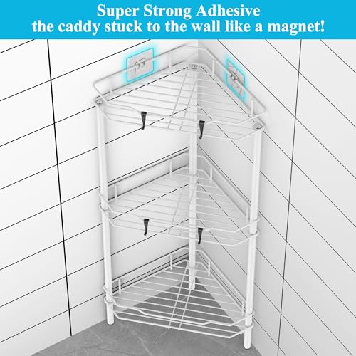 Image of HuggieGems 3 Tier Floor Standing Corner Shower Caddy Organizer Shelf with Hooks, Bathroom Shelves Stand Rack, White